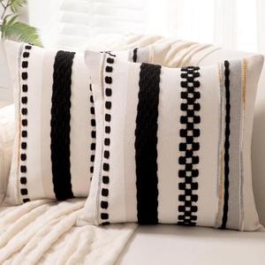 Boho Throw Pillow Covers 18x18 Set of 2 Farmhouse Decorative Cushion Case Striped Square Pillows Cover Chenille Pillow Cases Accent Neutral Pillowcase for Sofa Couch Bed, Black