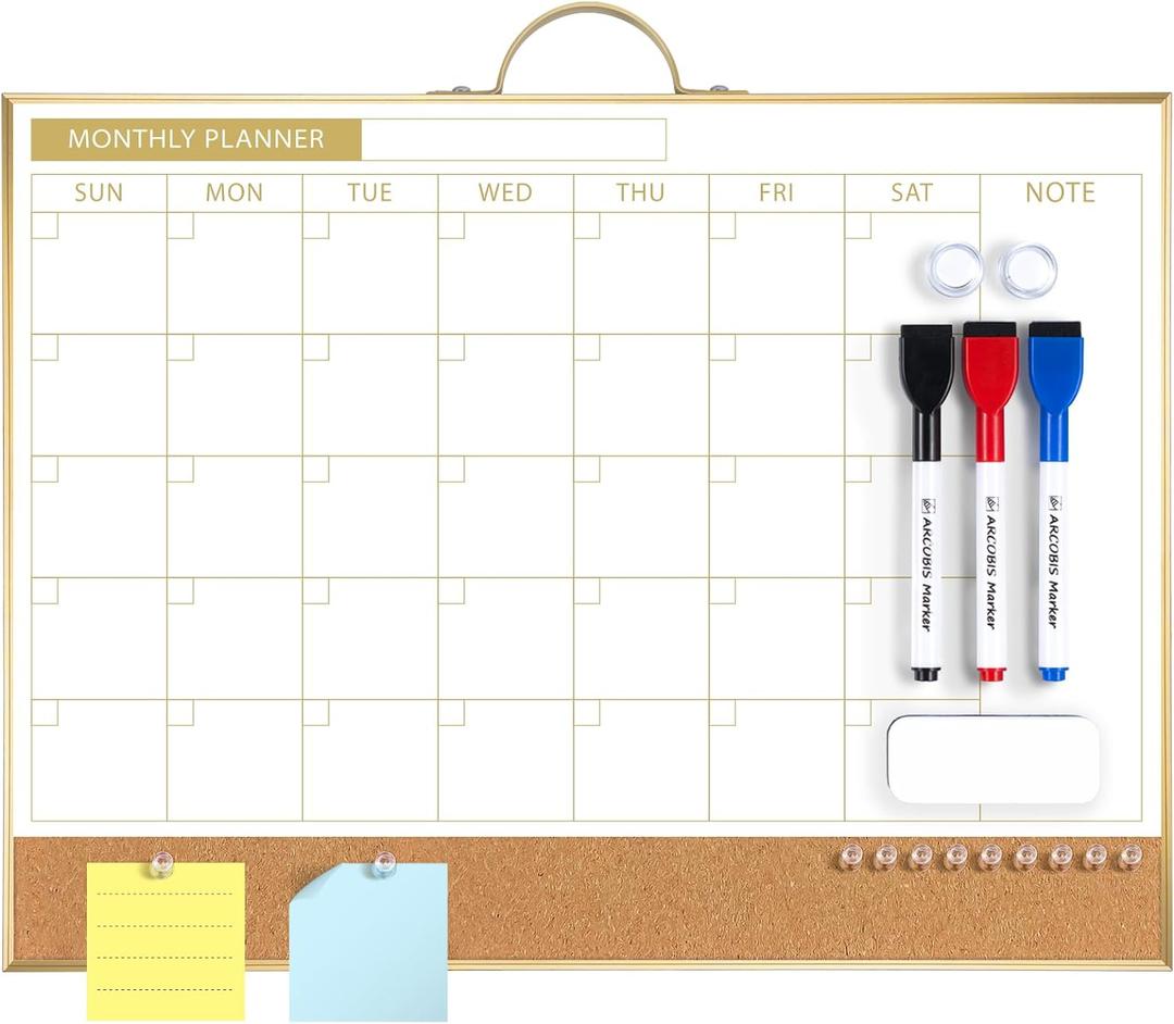 ARCOBIS Dry Erase Calendar with Cork Board for Wall, 12"x16" Double-Sided Calendar Whiteboard & White Board with Gold Frame, Magnetic Monthly Planning Board for Home, Office, School