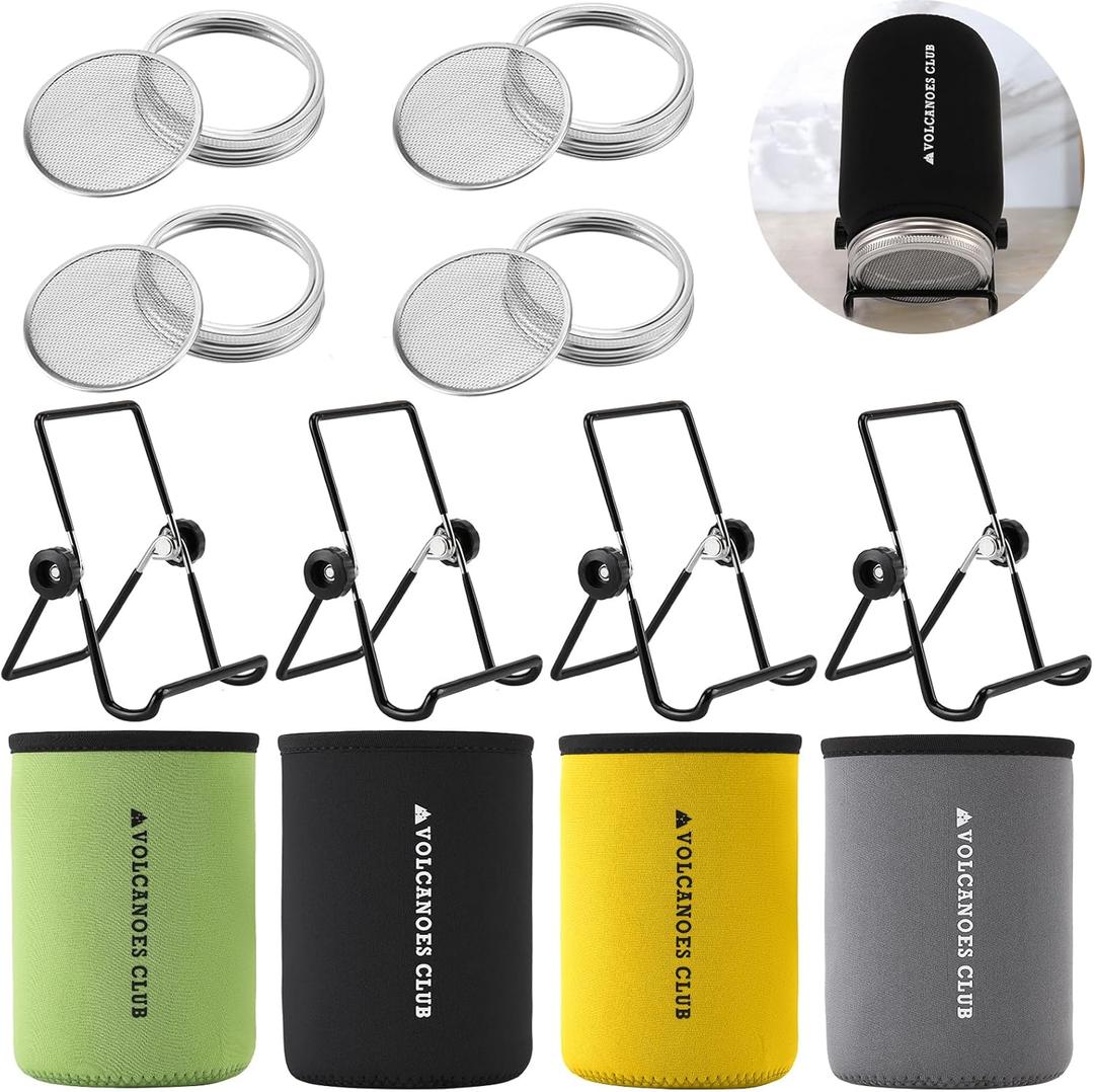 VOLCANOES CLUB Sprouting Lids Growing Kit 316 Stainless Steel Sprouting Lids for 86mm Wide Mouth Mason Jar with Adjustable Stands Organic Sprouts, Broccoli, Alfalfa Mung Bean Sprout Kit 
