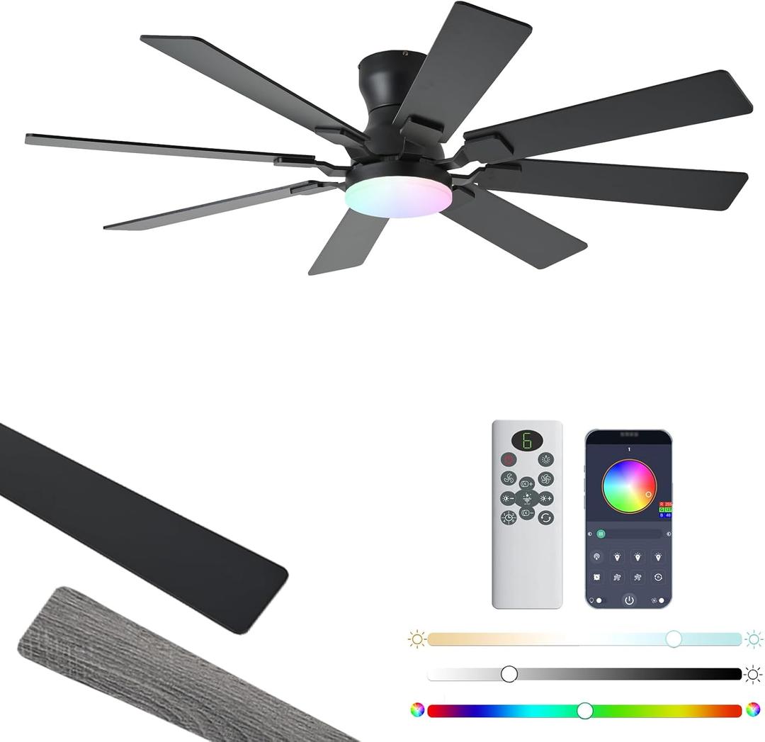 JSAITEE 52 inch Ceiling Fan with Light, 8 Speeds Reversible Low Profile Ceiling Fan with Light and Remote/ APP Control, 3 Color Temp+Dimmable RGB, 8 Blades, Flush Mount Quiet Ceiling Fans, Black