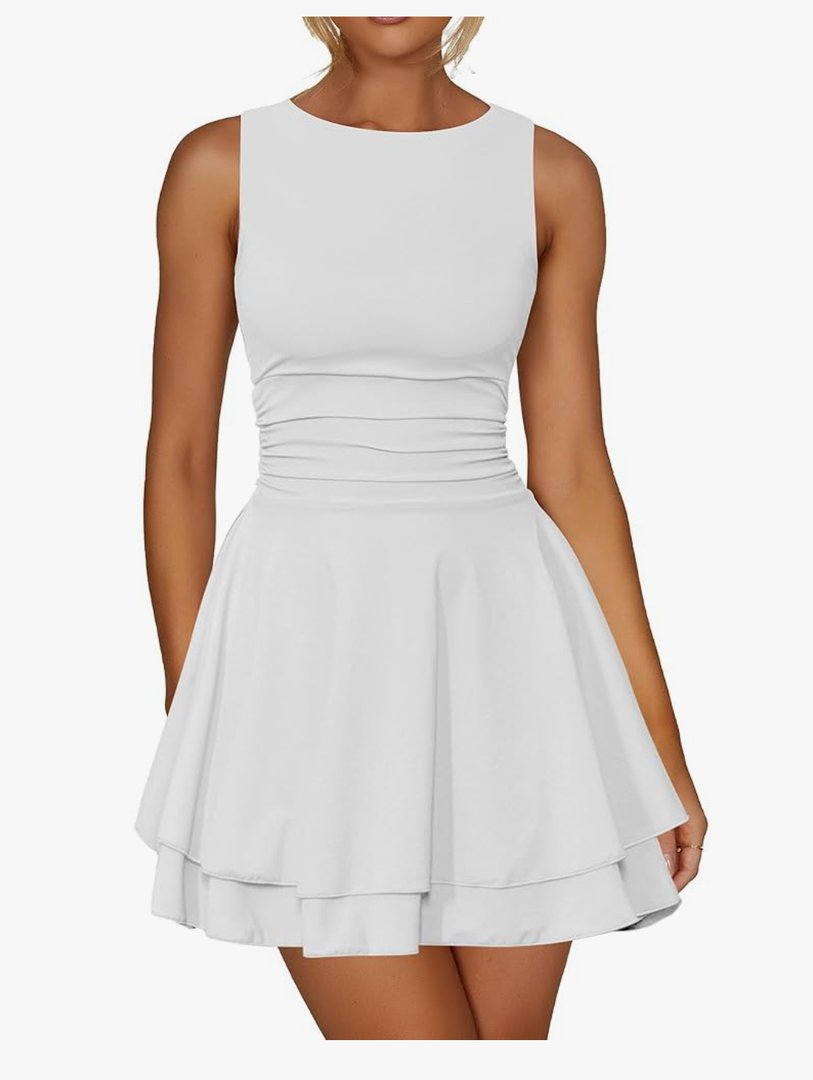 Kaximil Women's Ruffle Hem Boat Neck Mini Dress Sleeveless Ruched Corset Short Party Dresses, Size M