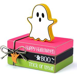 Yookeer 4 Pieces Halloween Ghost Decor Wooden Ghost Tiered Tray Decor Wood Book Stack Halloween Neon Sign Table Sign for Home Room Table Mantle Fireplace Shelf