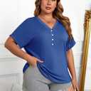 HDLTE Plus Size Tops for Women Summer V Neck Short Sleeve Tee Shirts Button Casual Loose Fit Blouse Blue (XXL)