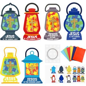 30 Sets Christian Sunday School Craft for Kid Jesus Lights The Way Tissue Sign Craft Bible Verse Sticker DIY Oil Lamp Tissue Paper Religious Gift for Camping VBS Church Activity