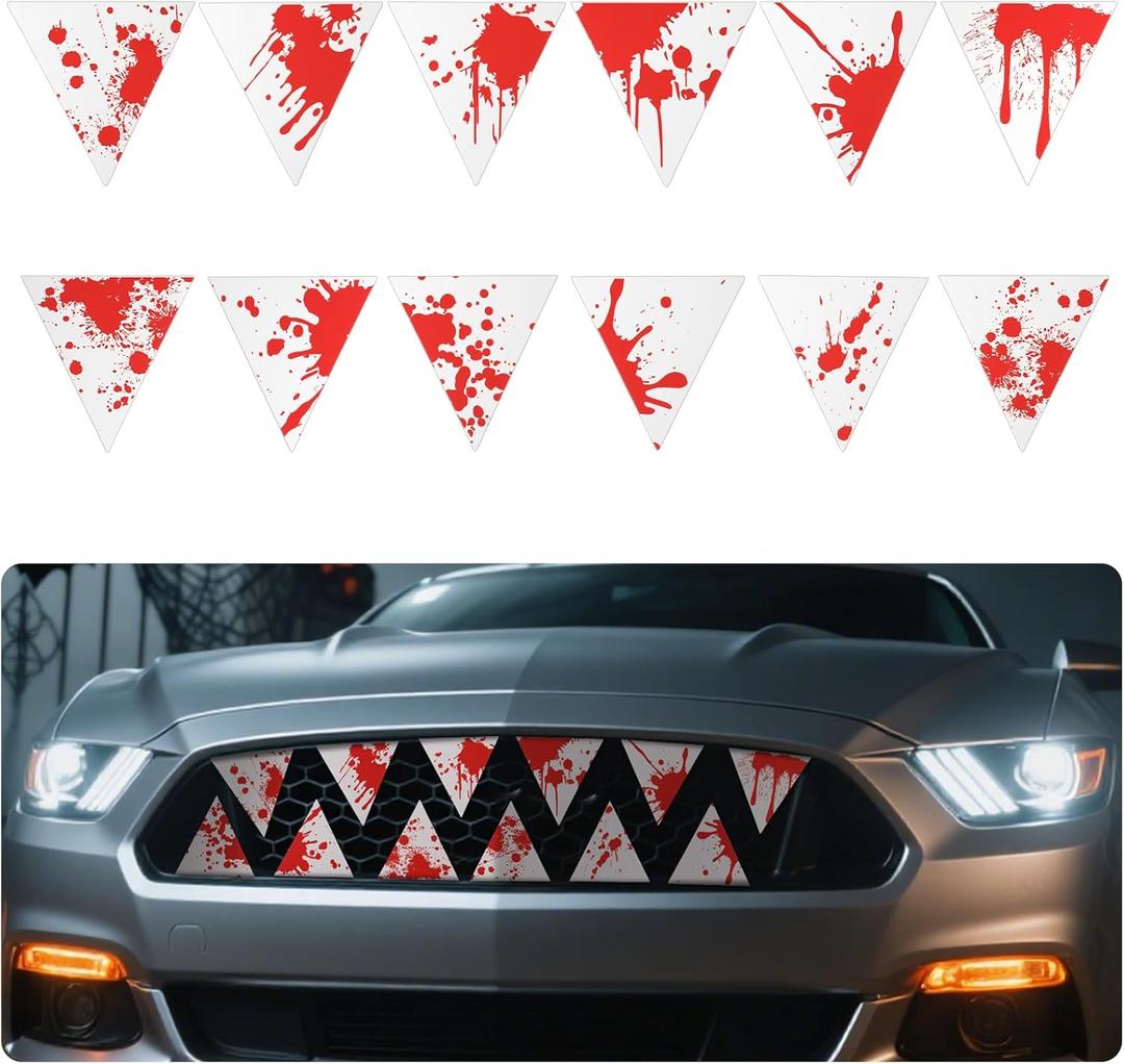 Chunful 12 Pcs Halloween Decoration Car Teeth for Cars Shark Teeth Flowing Blood Sticker Bloody Horror Funny Decal Sticker for Car Mounts to Front Grille on Vehicles DIY Your Cars, Truck, or SUV