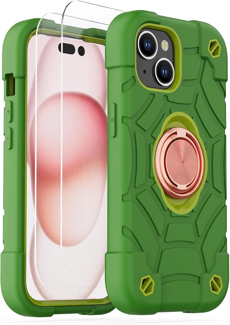 KCJ Compatible with iPhone 15 Case with[2Screen Protectors+1xLens Protector][Ring Stand] Soft Silicone+Hard PC Full Body Protection Phone Shell Durable Rugged Case for iPhone 15 6.1" Avocado