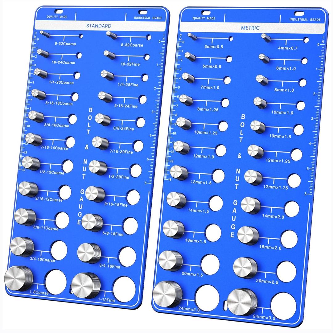 44 Thread Checker, Nut and Bolt Thread Checker - 22 Standard & 22 Metric Sizes, Metal Bolt Size and Thread Gauge with Inch & Metal Ruler, Wall-Mountable Bolt and Nut Identifier Gauge for Easy Sizin (Blue)