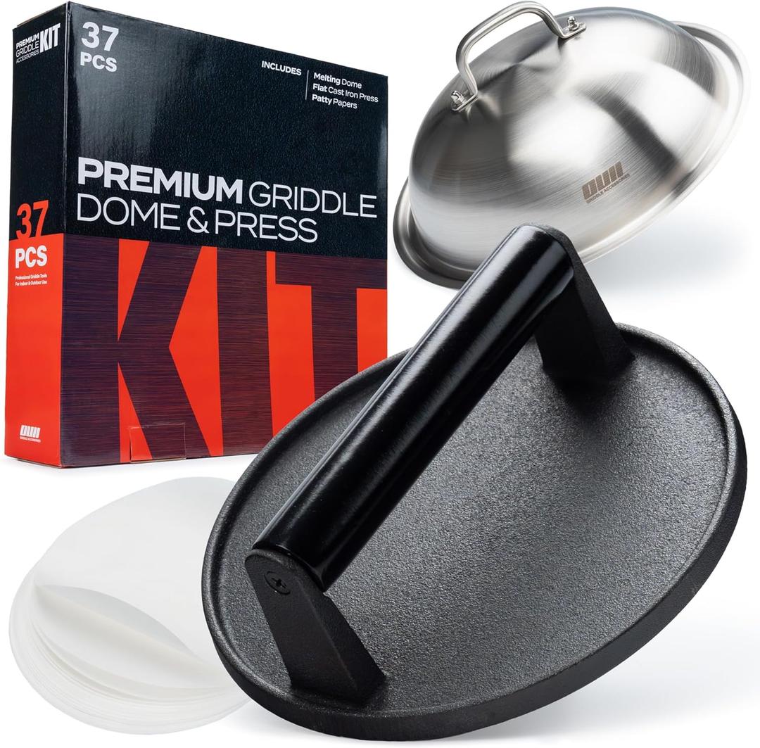 Smash Burger Press Kit - 7'' Flat Bottom Round Premium Cast Iron Press with 35 Pcs Patty Paper,12 Inch Heavy Duty Round Basting Cover Melting Dome. Perfect for Hamburger, Bacon, Meat, Sandwich