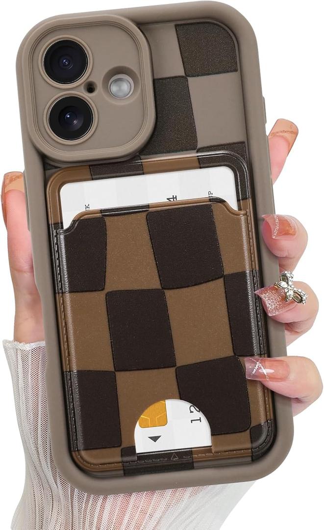 KANGHAR Compatible with iPhone 17 Case 2025, Wallet Silicone Checkered Cute Pattern, Card Holder Camera Protection Soft Slim Shockproof Edge Cover for Girls Women -Brown