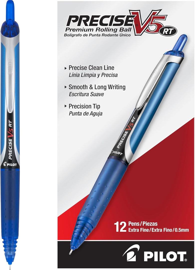 PILOT Precise V5 RT Refillable & Retractable Liquid Ink Rolling Ball Pens, Extra Fine Point (0.5mm) Blue Ink, 12-Pack (26063)
