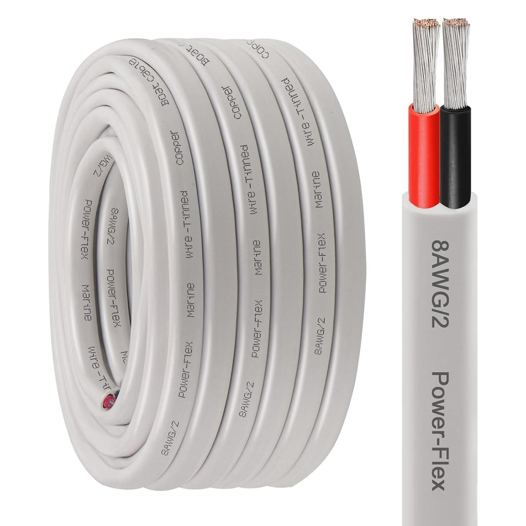 8 Gauge Duplex Marine Wire Tinned Copper Boat Cable, 20ft 8 AWG Standard USA OFC Oxygen Free Copper Wire for Automotive Boat Speakers Solar Outdoors