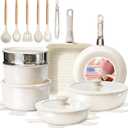 KIKCOIN Ceramic Cookware Set Non Stick Pots and Pans Set with Detachable Handle - 25 Pack Stackable Cooking Set for RV Kitchen - Induction Ready - Dishwasher and Oven Safe (Cream)