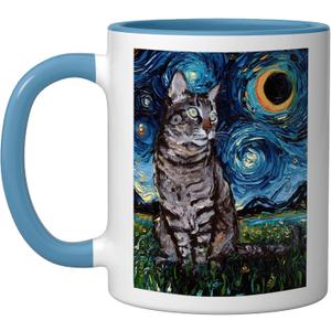 Gray Tabby Tiger Cat Starry Night Moon and Stars Artwork Ceramic Mug, Blue/White