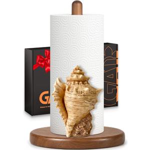 Conch Paper Towel Holder, Coastal Beach House Decor for Kitchen Bathroom Countertop, Freestanding Wooden Stand, Standard & Jumbo Rolls, Gift for Women