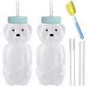 Honey Bear Straw Cups, Juice Bear Bottle Drinking Cup Long Straws with 4 Flexible Straws & Cleaning Tools, 8-Ounce Therapy Sippy Bottles for Speech and Feeding Training, Food-Grade & BPA Free 2 Pack