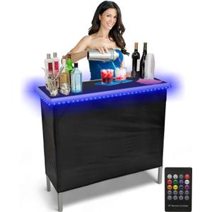 PARTYPONG Folding Portable Bar w/LED Lights, Wireless Remote, 2 Bar Skirts, Storage Shelf, & Carrying Case - Black