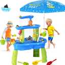 Upgraded Water Table for Toddler 3-5, 3-Tier Kids Sand&Water Activity Sensory Playset with Pump, Umbrella&Water Accessories Rain Showers Splash Pond Summer Toys Outdoor Water Play Table for Boys Girls