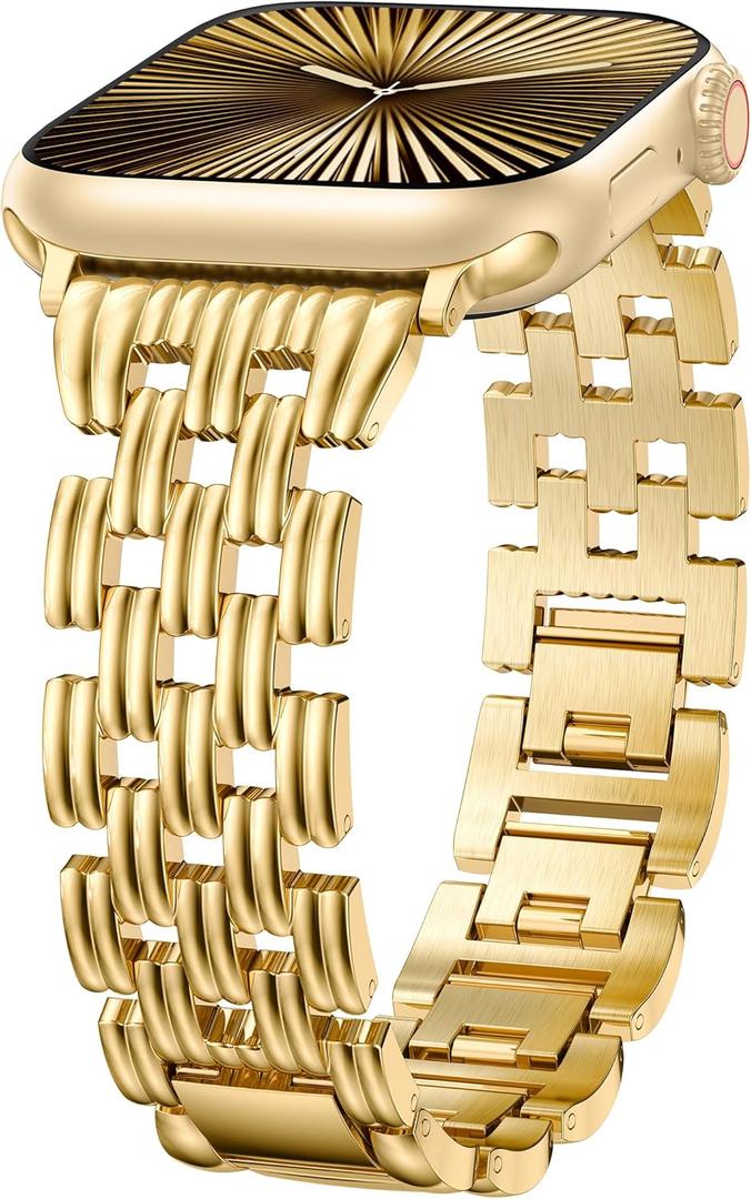 Minyee Compatible with Apple Watch Band Women 42/41/40/38/44/45/46/49mm, Dressy Starlight Gold Shiny Basketweave Designer Stainless Steel Metal Strap for iWatch Series 11 10 9 8 7 6 5 3 2 1 SE Ultra