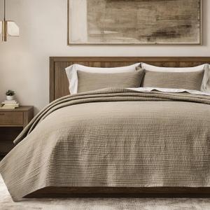 EVERGRACEHOME Channel Stitch 100% Cotton Quilt Set Queen Size, Pre-Washed Cotton Sateen Coverlet Bedspread, 3-Piece Soft & Breathable Bedding Set with 2 Shams for All Seasons, Stone Taupe