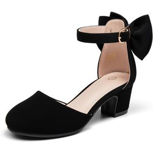 Haloumoning Girls Dress Shoes Flower Girl Chunky Low Heels Closed Toe Bow Pumps Wedding Party Shoes, Size 
