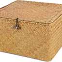 Moosky Wicker Shelf Baskets with Lid, Handwoven Seagrass Storage Basket Bins Square Gift Boxes for Shelves Home Decor Organizer (Natural, Large)