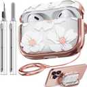 with Safety Lock for Airpods Pro 2nd/1st Generation Case Cover, Flowers Cute AirPod Pro 2 Case iPod Pro Cases for Women Girls with Cleaner Kit for AirPod Pro Cases (2023 USB-C /2022/2019) -White Lily