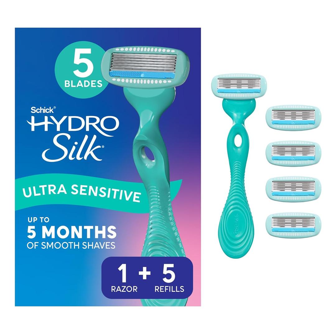 Schick Hydro Silk Ultra Sensitive Razor for Women | Womens Razor for Sensitive Skin, 5 Blade Razors for Women, Womens Razors for Shaving, Includes 1 Handle & 5 Refills