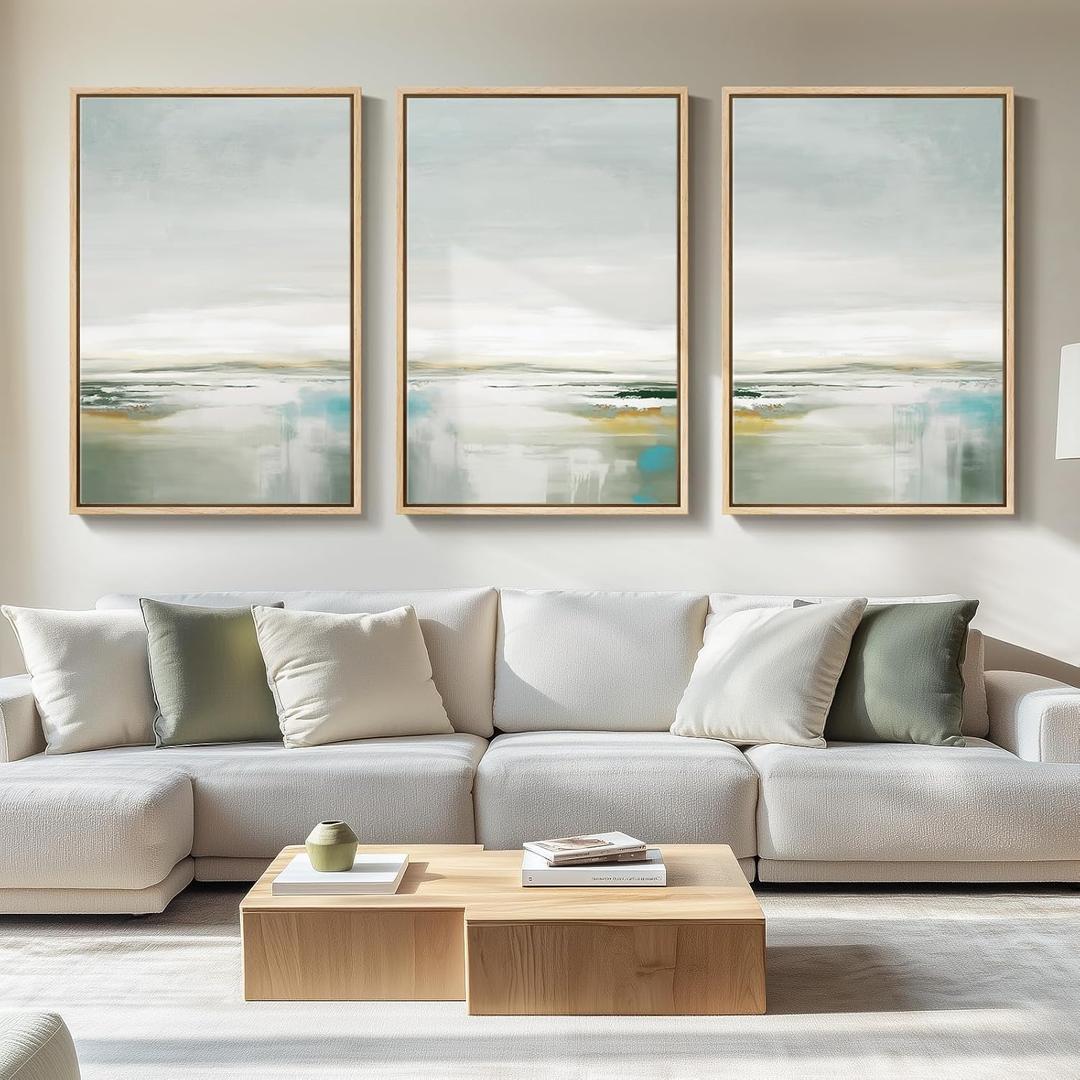 Large Framed Green Abstract Landscape Wall Art for Living Room, 3 Piece Canvas Prints Paintings Artwork for Walls, Modern Minimalist Pictures for Dining Room, Hallway, Office Wall Decor 24x36 In, 24" W x 36" H x 3Pcs