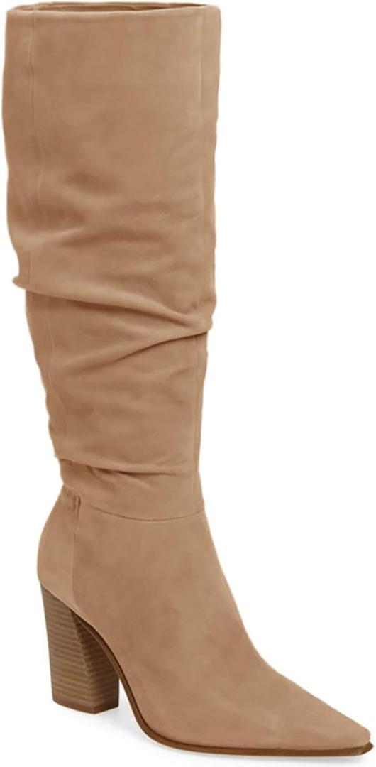 PiePieBuy Womens Faux Suede Knee High Boots Pointed Toe High Chunky Heel Side Zipper Party Dress Booties (8.5, Khaki)