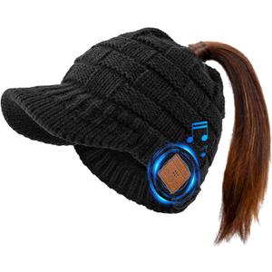 Bluetooth Beanie for Women with Ponytail Hole Wireless Knitted Beanie Hat with Headphones Womens Gifts Black