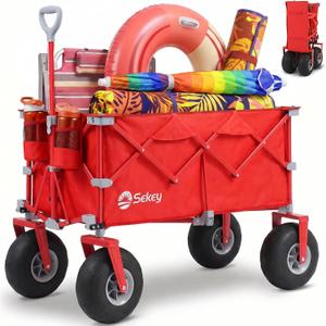 Sekey Heavy Duty Beach Wagon with 9" Big Sand-Proof Wheels 600lb Capacity, 200L Oversized Foldable Cart | Adjustable Handle & All-Terrain Tires for Sand, Camping, Groceries