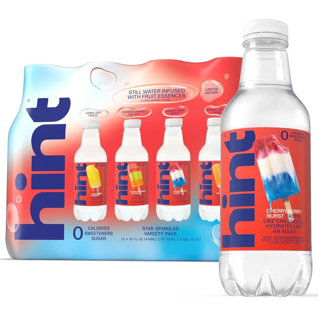 Hint Fruit-Infused Bottled Water, Star Spangled Variety Pack - Sugar Free Flavored Water with Zero Calories, Natural Fruit Essences, and No Artificial Sweeteners - 16 Fl Oz (Pack of 12) (EXP 12/04/27)