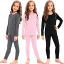 Silkfly 3 Set Girls Thermal Underwear Soft Winter Thermal Top and Bottom with Fleece Lined Base Layer for Girls (X-Small, Black, Gray, Pink)