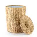2 Gallons Wicker Waste Basket - Water Hyacinth Bathroom Garbage Can with a Lid - Bathroom Trash Can Boho Style - Wicker Trash Can with Lid for Household, Kitchen - Removable Liner, Iron Frame