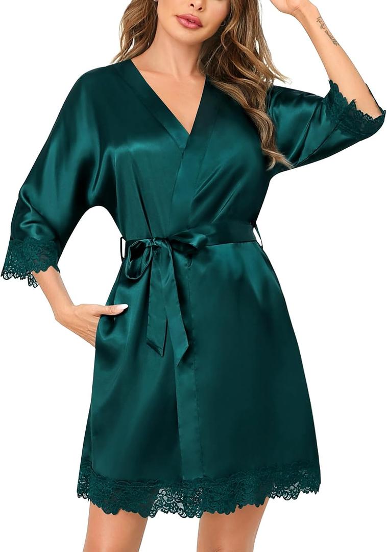 SWOMOG Women's Satin Robe Set 2 Piece Sexy Pajamas Sets Lace Cami Nightgown and Silk Robes Nightwear (Green, S)