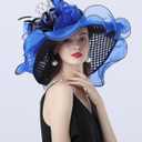 Women Derby Church Organza Flower Wedding Tea Party Fascinator Wide Brim Sun Hat (Blue)