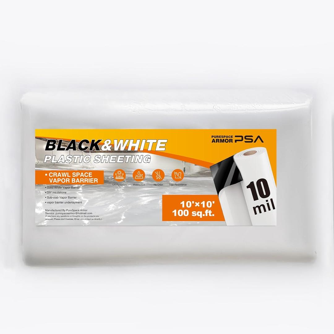 Crawl Space Vapor Barrier, 10 Mil Vapor Barriers, 10' x 10', Drop Cloth Vapor Barrier Covering for Crawl Space Encapsulation, Heavy Duty Polyethylene Plastic Sheeting, Black and White Panda Film