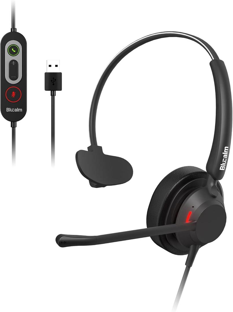 USB Headset with Microphone for PC, Single Ear Wired Headset with Noise Canceling Mic for Work, Lightweight Computer Headset with in-line Control for Call Center, Teams, Zoom, WFH