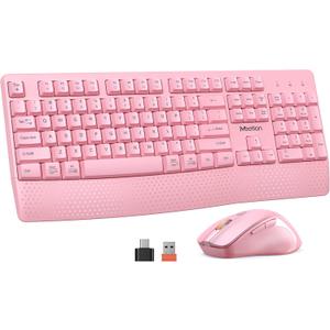 MEETION Wireless Keyboard and Mouse, Full-Sized Cordless Keyboard with Wrist Rest, 3 DPI Adjustable Mouse, Keyboard and Mouse Set with 2.4GHz USB Receiver, for PC/Computer/Laptop/Windows/Mac, Pink
