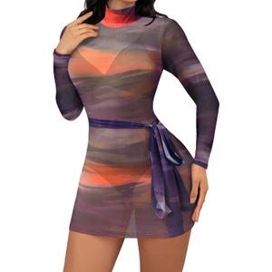 Sexy Long Sleeve Mini Dress for Women Sheer Mesh Printed Crew Neck Bodycon Party Clubwear See Through Dresses (Brown, M)