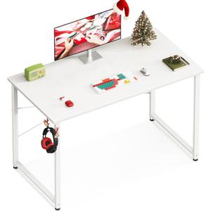 Casaottima 40 Inch Small Computer Desk for Home Office, Study Writing Table for Small Spaces, Simple Modern Desk with Headphone Hooks, White