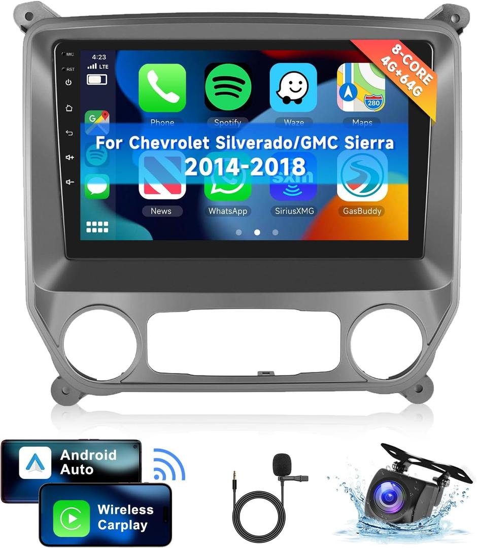 [8 CORE 4G+64G] Car Radio for Chevrolet Silverado/GMC Sierra 2014-2018 with Wireless Carplay/Android Auto, 10.1 Inch Android 13 Car Stereo, Bluetooth, GPS, WiFi, SWC, Backup Camera