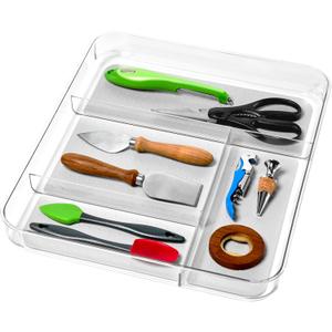 Madesmart Premium 4 Compartment Drawer Organizer, Multi Purpose Storage for Utensils, Office Tools, Cords, & Small Household Items, Tech Accessories, Arts & Crafts Supplies, Non Slip Lining, Clear