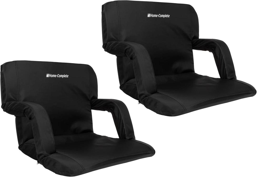 Stadium Seats - Bleacher Cushion with Padded Back Support and Armrests - 6 Reclining Positions Folding Stadium Chair with Carry Straps for Sports, Concerts, Camping, or Beach by Home-Complete (2-Pack)
