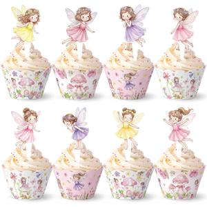 96 PCS Fairy Cupcake Topper Decoration - Birthday Party Cupcake Wrappers Decor Wing Ballet Dancer Cake Pink for Bridal Shower Birthday Party Supplies