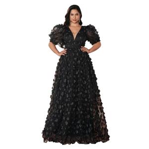 Women's Plus Size Puffy Sleeve V Neck A Line Floral Tulle Formal Maxi Dress Prom Evening Party Gowns Black XXL