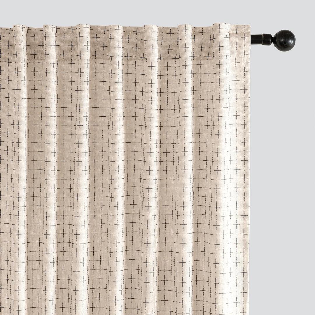 MIULEE Decorative Back Tab Linen Curtains with Geometric Pattern for Living Room Bedroom Farmhouse Rustic Thick Woven Textured Patterned Mud cloth Drapes 84 Inches Long 2 Panels Set, Beige