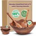 Melvvi Large Wooden Salad Bowl Set with 2 Serving Utensils and 2 Small Bowls | 12" and 6" Acacia Wood Bowls for Food | Mothers Day gift (Natural Set of 5)