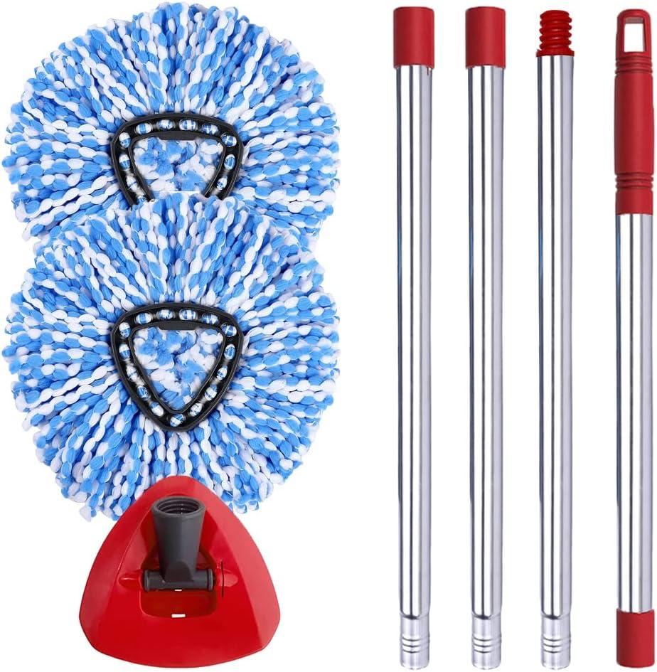ANREKEYH Spin Mop Head, Base, Handle Replacement for O-ceda EasyWring RinseClean Microfiber Spin Mops, 2 Microfiber Mop Refills, 1 Triangle Head Cover and 30-58in Handle (Blue (2-Tank System))