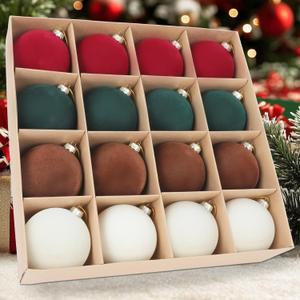 16 Pcs Velvet Christmas Tree Ornament Set - 3.15-Inch Flocked Shatterproof Christmas Balls, Bulk Hanging Xmas Baubles for Holiday Parties, Weddings & Home Decoration (Deep Red, Green, Brown, Beige)
